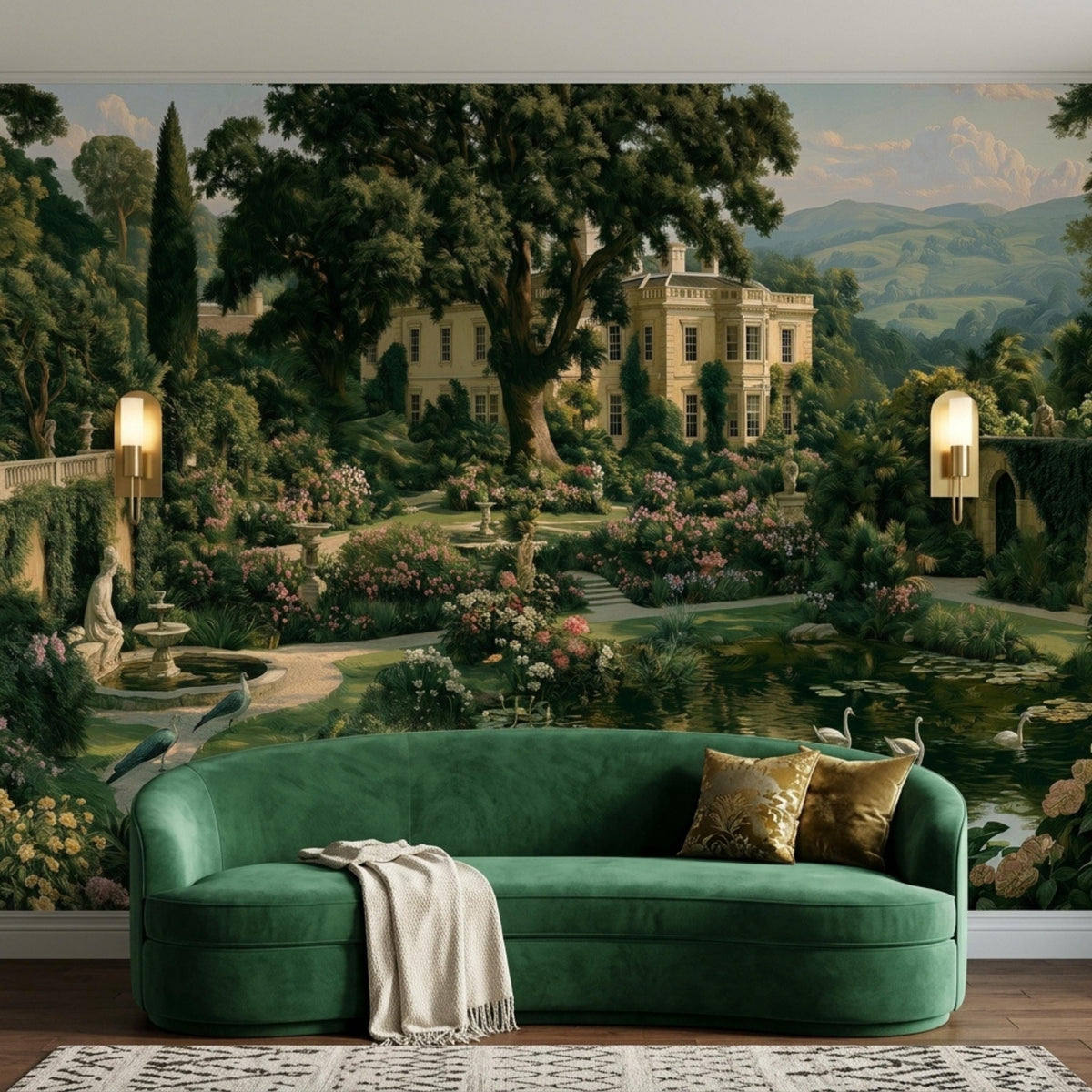 A green velvet sofa placed in front of the dark academia manor wall mural, accented with patterned pillows and wall sconces.