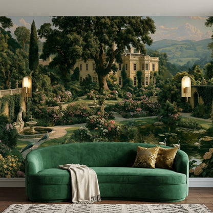 A green velvet sofa placed in front of the dark academia manor wall mural, accented with patterned pillows and wall sconces.