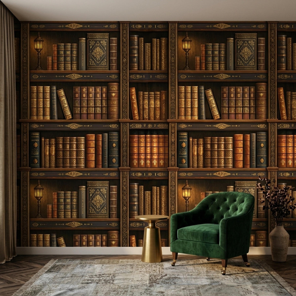 A room features bookshelf wallpaper on the back wall next to a curtained window, with a green velvet armchair and a gold side table on a patterned rug.