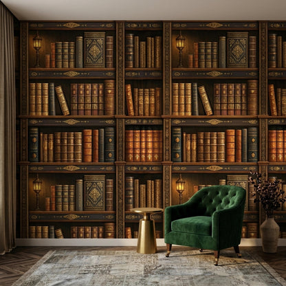 A room features bookshelf wallpaper on the back wall next to a curtained window, with a green velvet armchair and a gold side table on a patterned rug.