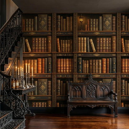 A traditional hallway shows a staircase with ornate metal railings, bookshelf wallpaper, and a dark wooden bench.