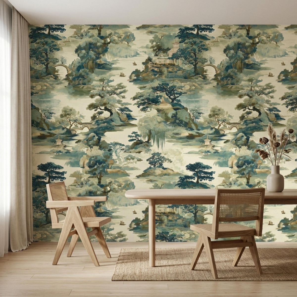 A wooden dining table and chairs sit on a woven rug against a wall covered in Chinoiserie landscape wallpaper.