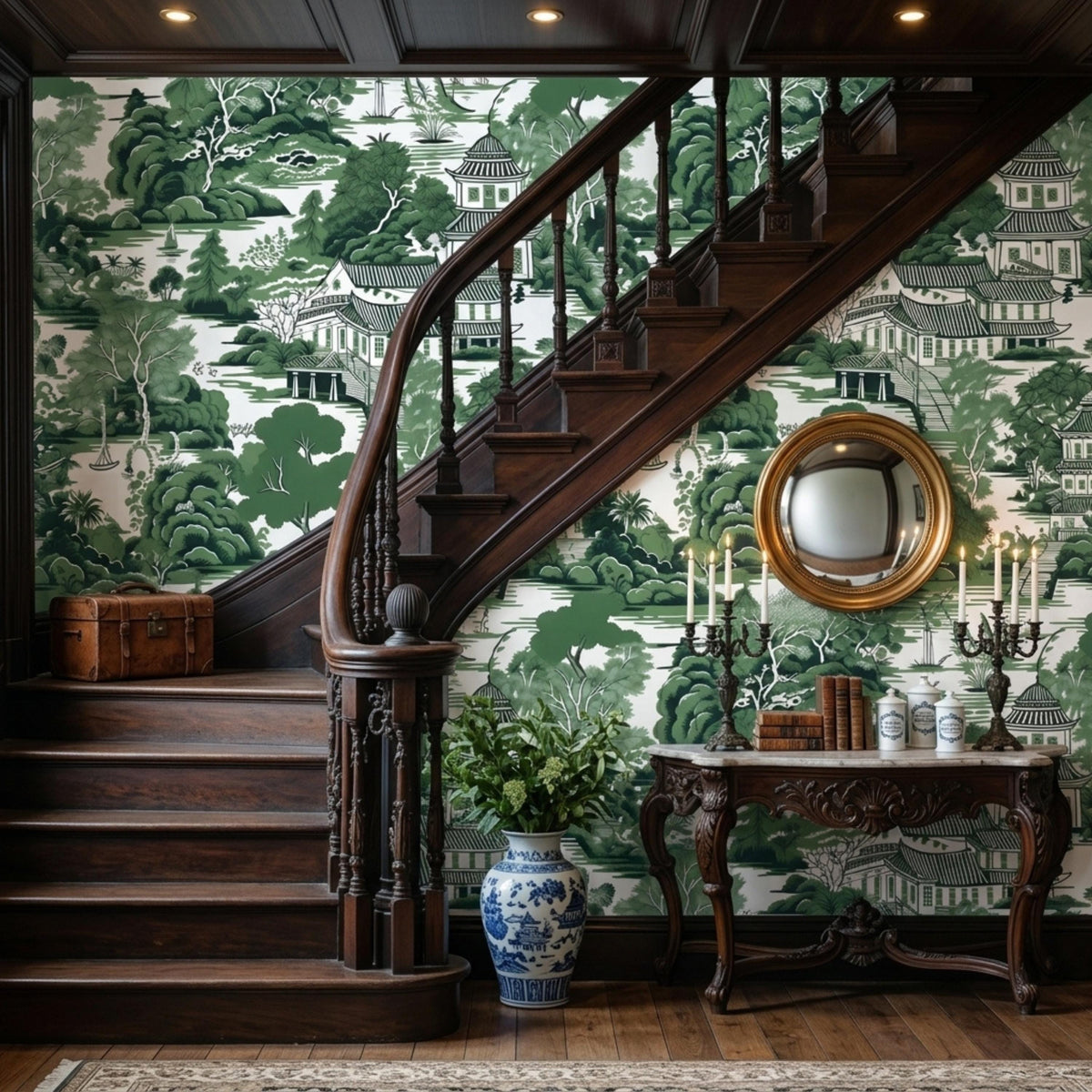 A wooden staircase and console table sit against a wall covered in green chinoiserie pagoda landscape wallpaper.