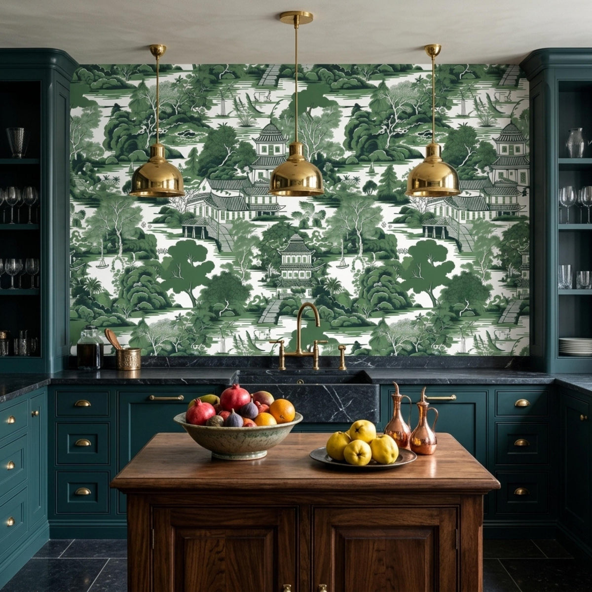 A kitchen features dark green cabinets, a wooden island, three brass pendant lights, and green chinoiserie wallpaper.
