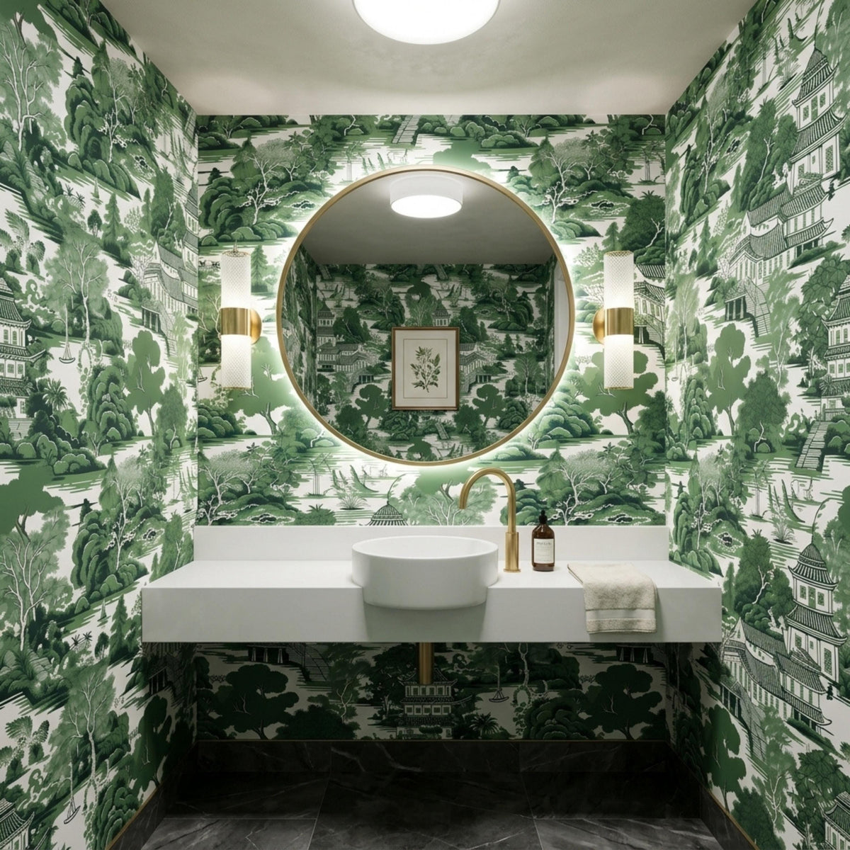A modern bathroom interior featuring green toile wallpaper with a pagoda landscape design covering all walls around a floating white vanity.