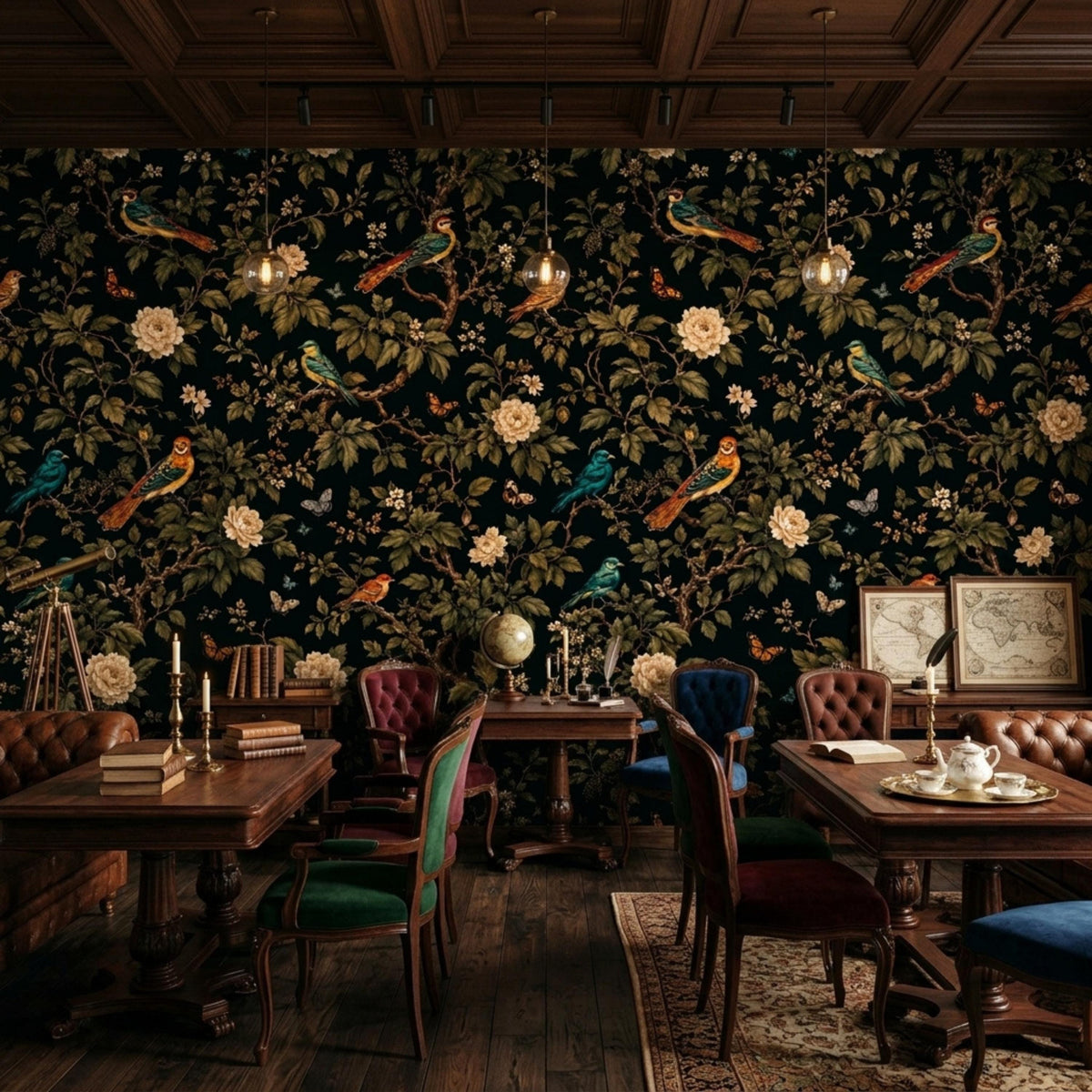 A grand, dimly lit study features dark floral wallpaper, wooden desks, tufted leather chairs, globes, and pendant lights.