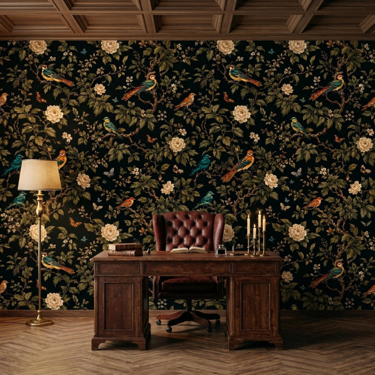 A dark wooden executive desk with a tufted leather chair sits in front of dark floral wallpaper and a tall floor lamp.