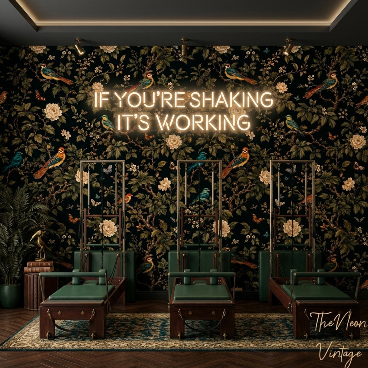 Three Pilates reformers are lined up in front of a dark floral wallpaper wall beneath a glowing neon sign that reads if you are shaking it is working.