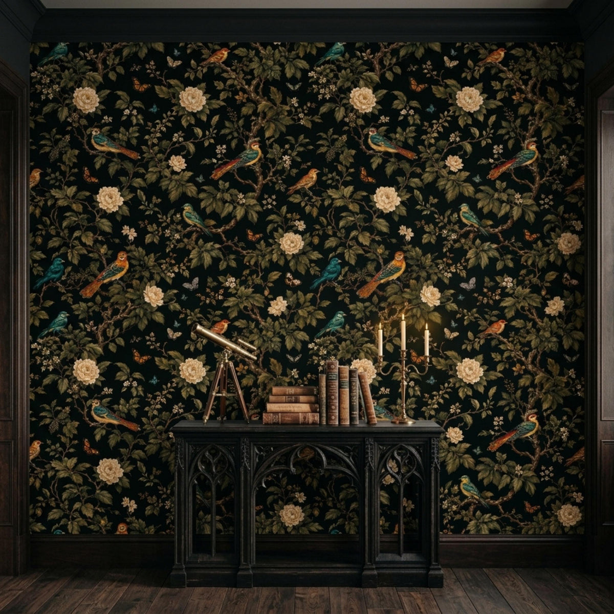 A dark floral Chinoiserie wallpaper covers a wall behind a black console table holding books, a small telescope, and lit candles.