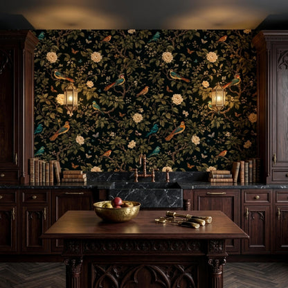 Dark wooden kitchen cabinets and a center island against the dark Chinoiserie bird and flower patterned wallpaper.