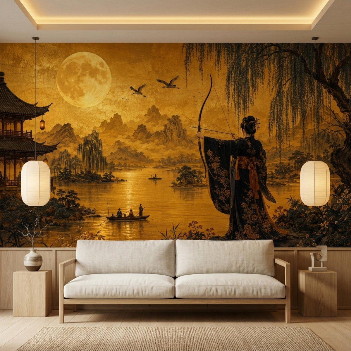 A cream-colored sofa sits on a woven rug between two wooden side tables against a golden Japanese landscape mural wall.