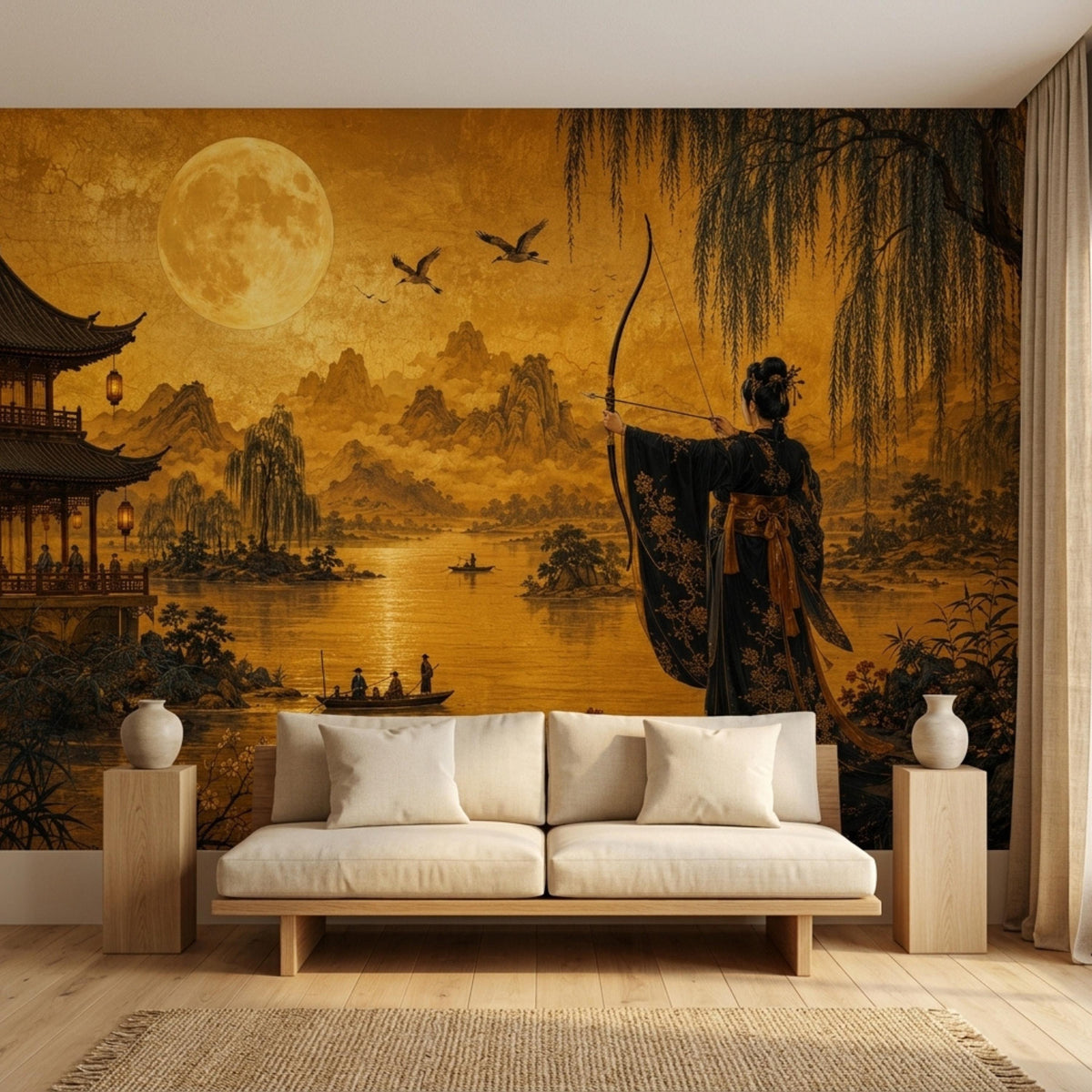 A living room features a beige sofa with accent pillows and matching wooden pedestals set against a golden Japanese mural.