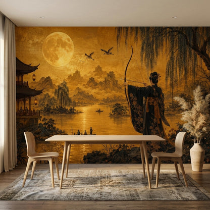 A dining space has a wooden table and two chairs on a patterned rug in front of a golden Japanese archer landscape wall mural.