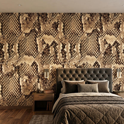 A brown faux snake skin patterned wallpaper serves as an accent wall behind a dark tufted headboard and bed.