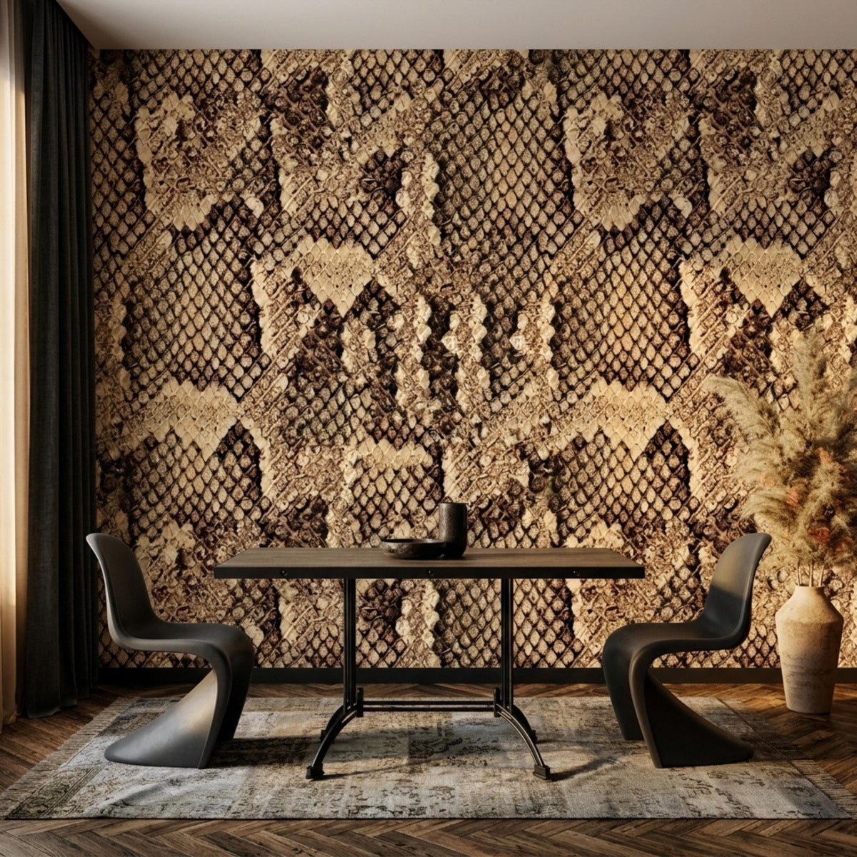 A dining table with two black cantilever chairs sits in front of a textured brown snake skin print wall mural.