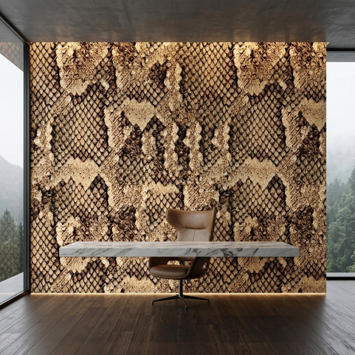 A modern desk with a marble top and brown leather chair stands against a brown snake skin textured feature wall.