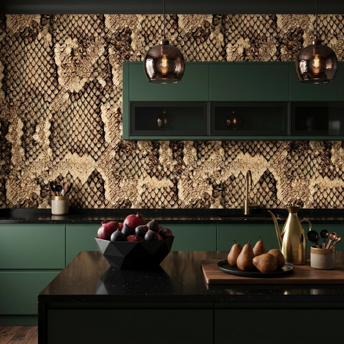 A kitchen features dark green cabinets and countertops set against a brown snake skin print backsplash.