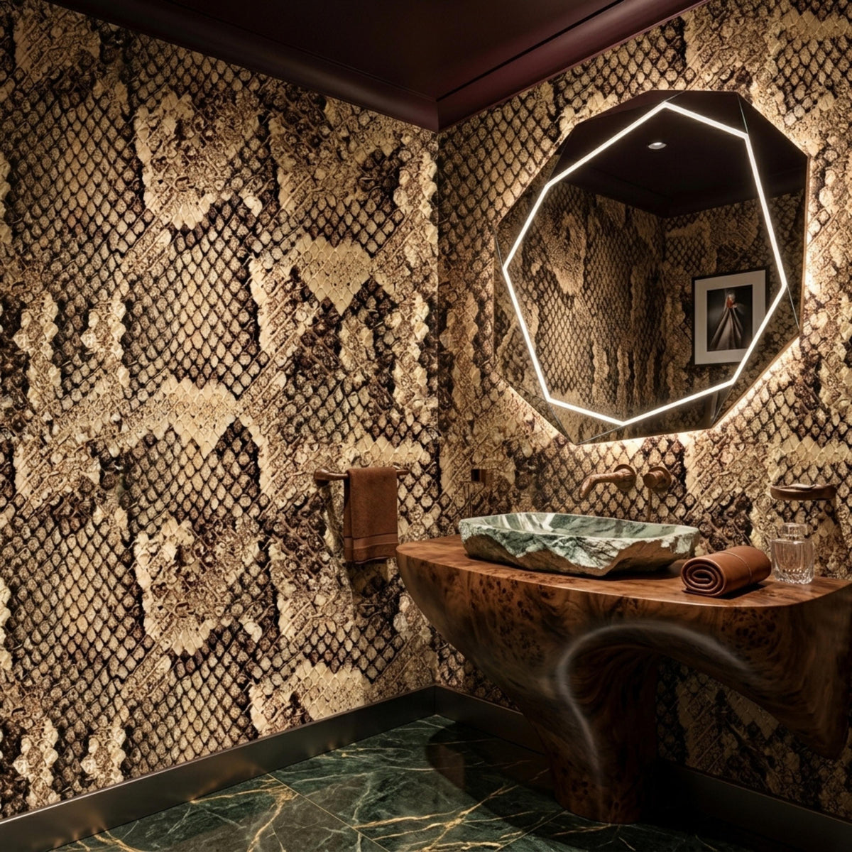 A bathroom with a stone sink and an illuminated geometric mirror features brown snake skin patterned wallpaper.