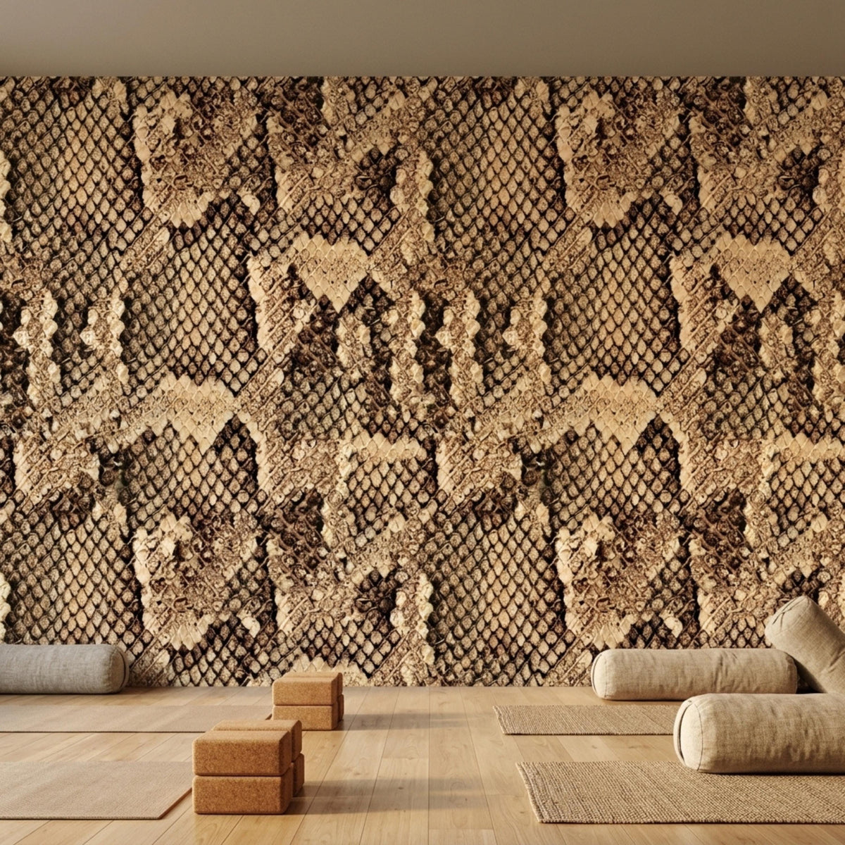 A yoga studio floor with mats and bolsters is set against a brown snake skin patterned accent wall.