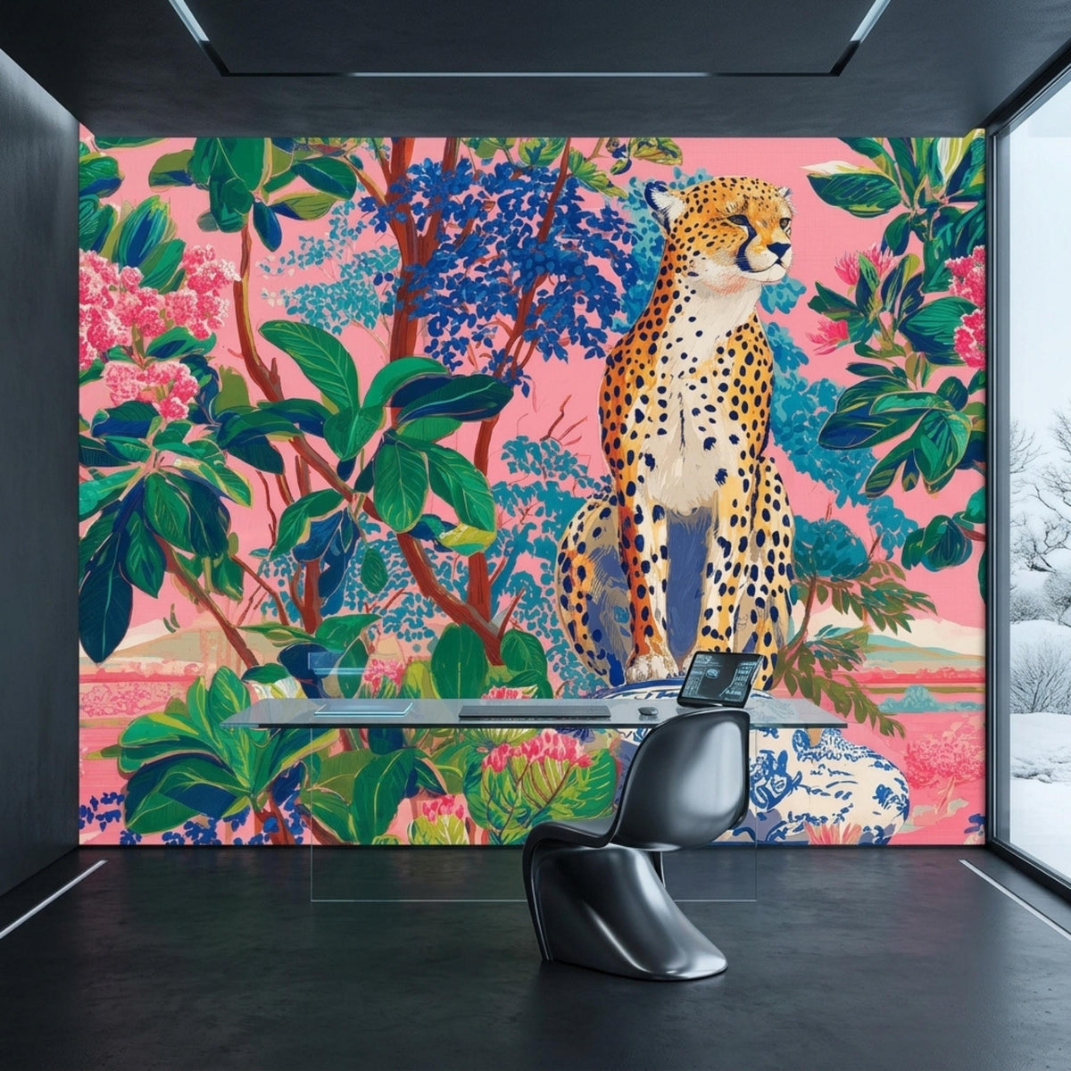 A minimalist office space has a transparent desk against a pink jungle wallpaper mural with a leopard illustration.