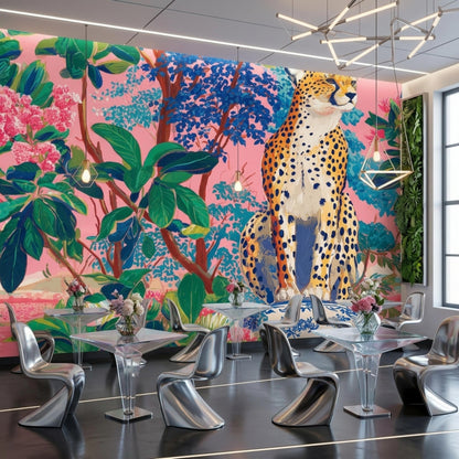 A brightly lit fitness studio or lounge features a pink jungle wallpaper mural, metallic chairs, and glass tables.