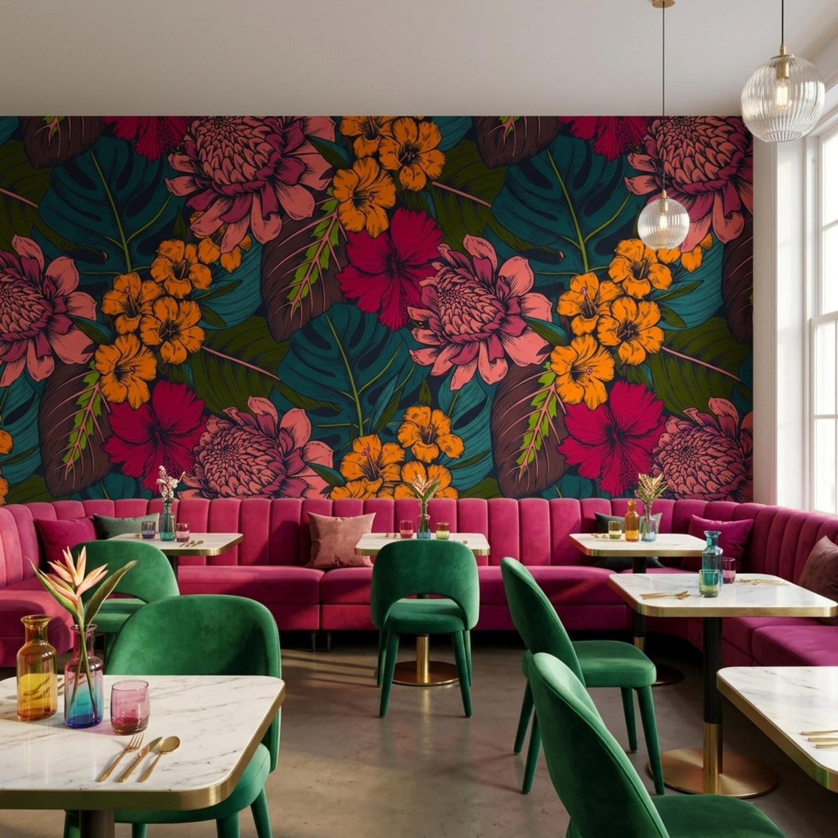A restaurant dining room features a dark tropical floral accent wall behind pink tufted booths and marble tables with green chairs.