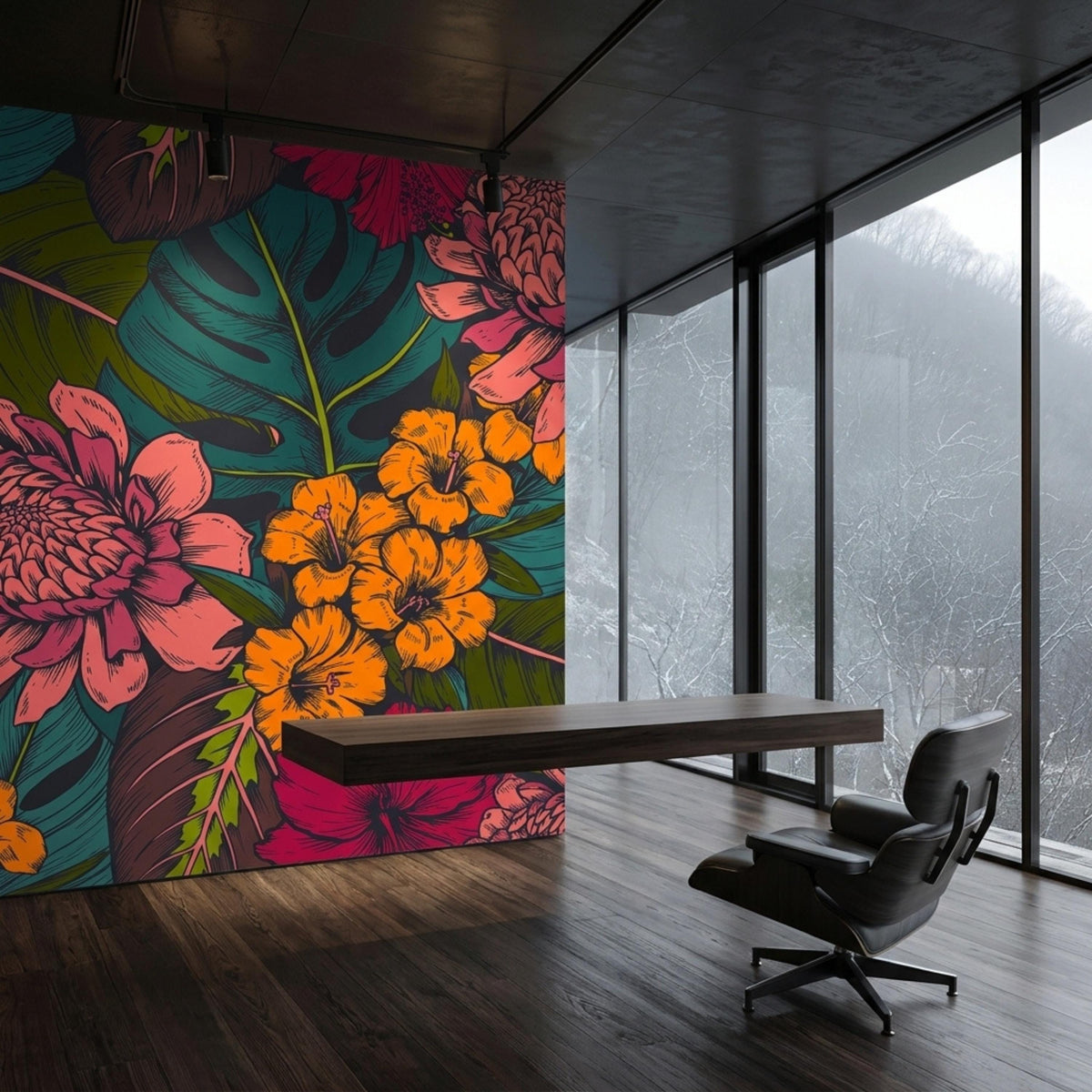 A modern office space has a dark tropical floral mural on one wall, a wooden desk, and a black leather chair overlooking a misty view.