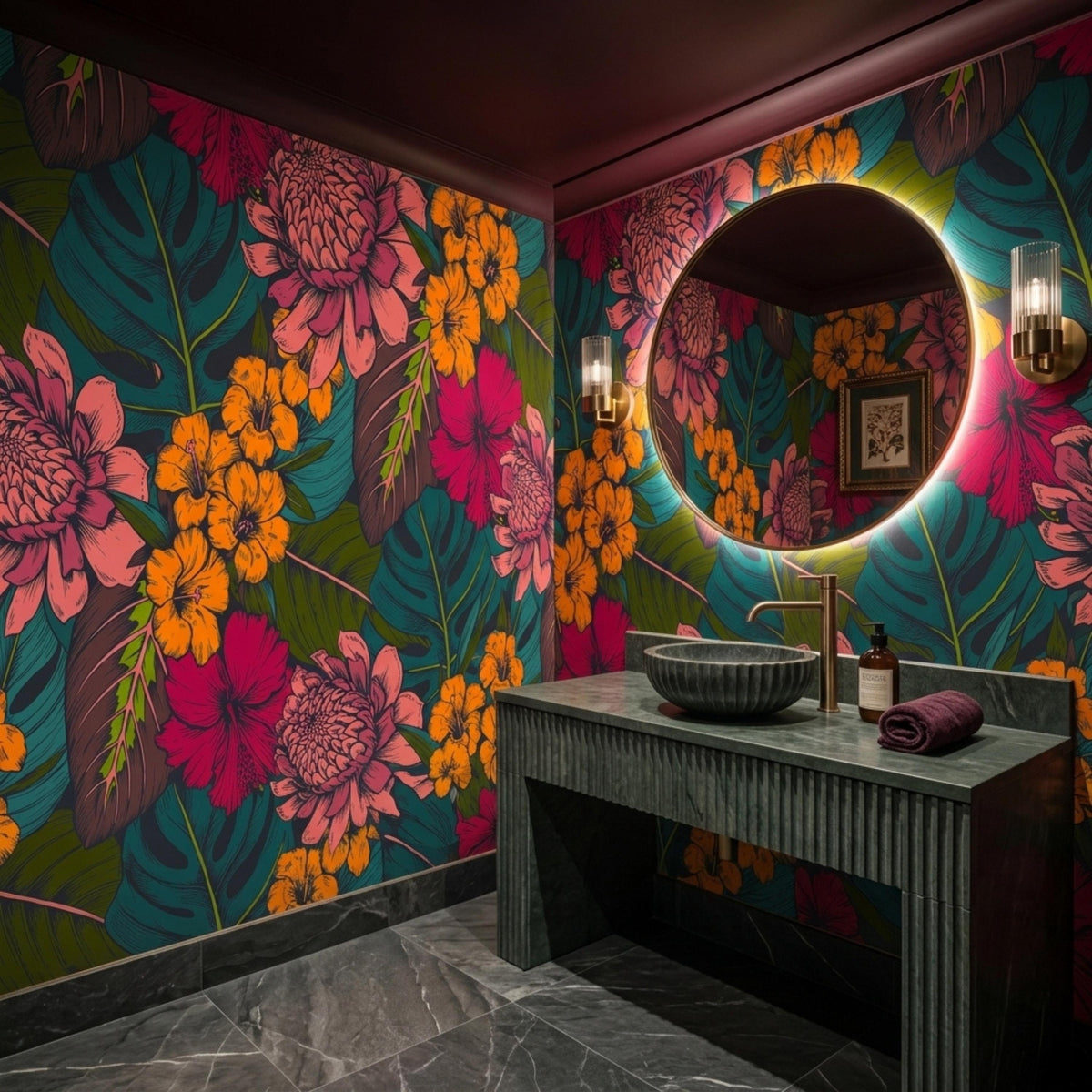 A sleek dark bathroom features tropical floral wallpaper, a round backlit mirror, and a stone vanity sink.