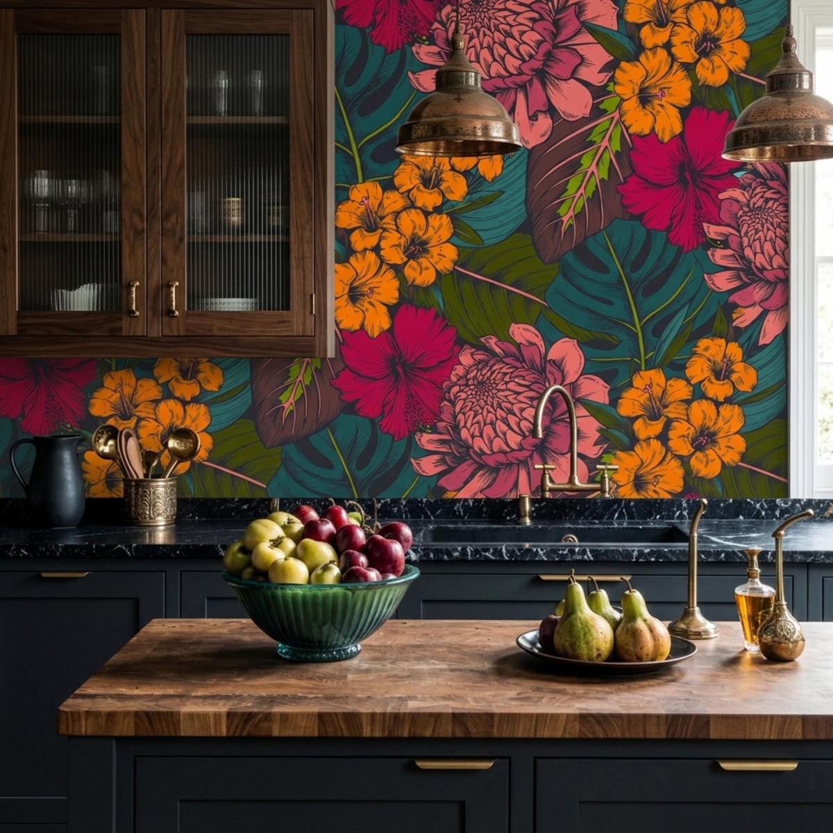 A kitchen features dark wood cabinets, a wooden countertop with a bowl of fruit, and a tropical floral backsplash.