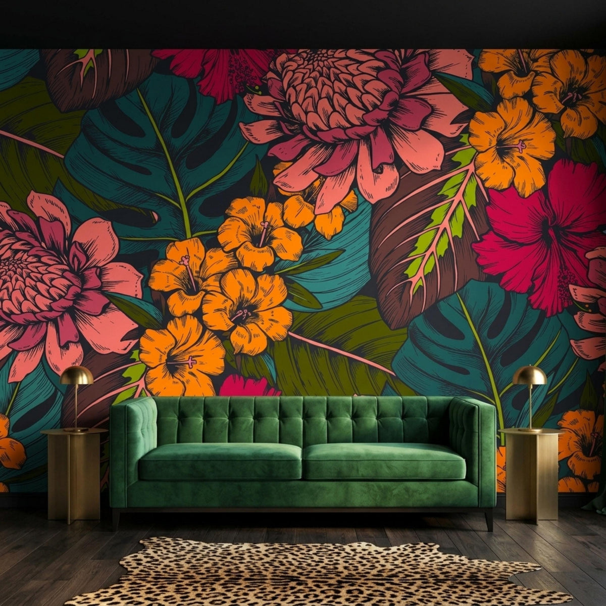 A dark tropical floral wallpaper mural features large pink and orange flowers and green leaves on a wall behind a green velvet couch and animal print rug.