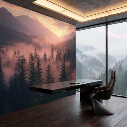 A minimalist home office featuring a wall mural of a misty mountain and pine tree landscape at sunset, alongside a sleek dark desk and chair.