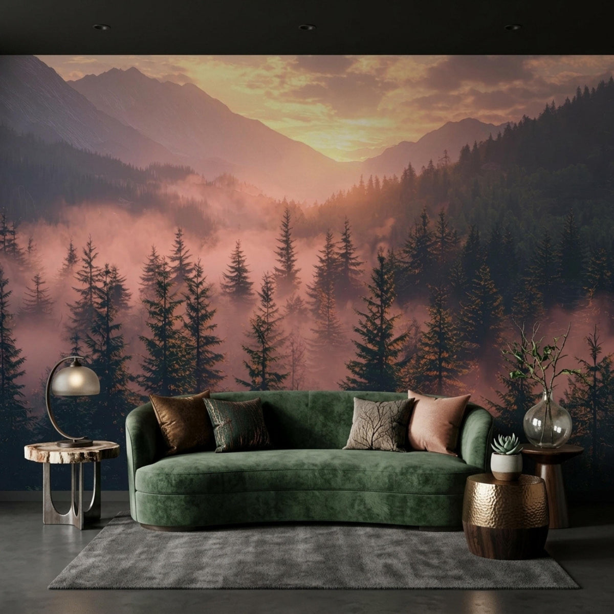 A living room with a green velvet sofa and end tables placed against a wall mural showing a foggy pine forest and mountain range during sunrise.