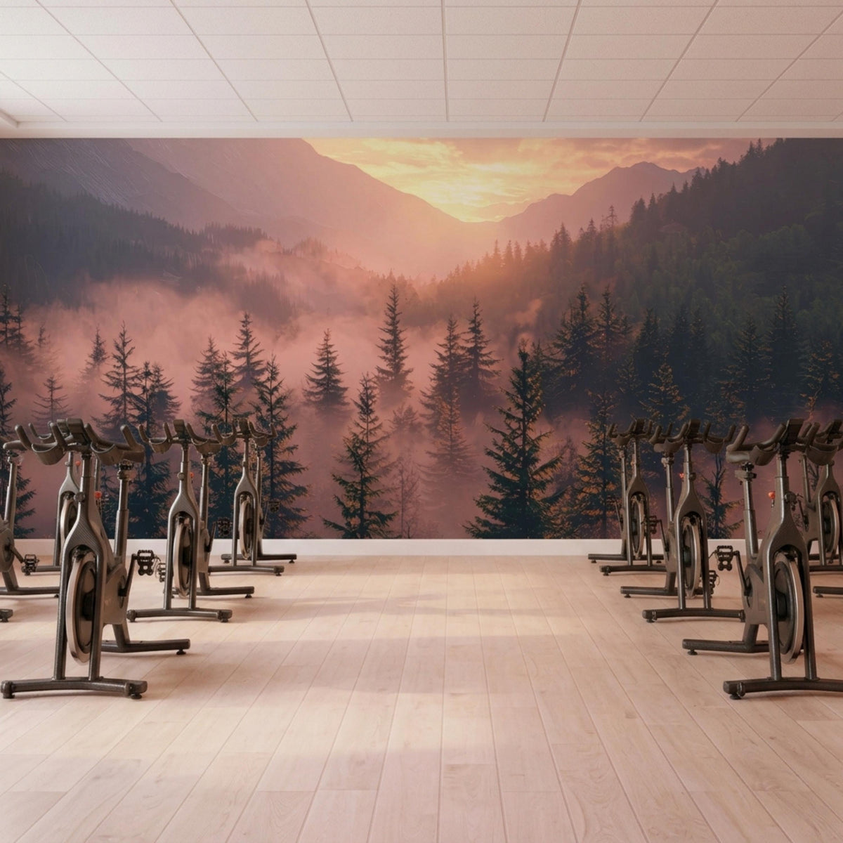 A gym with light wood floors and several stationary bikes lined up facing a wall mural of a foggy pine forest and mountain sunrise.