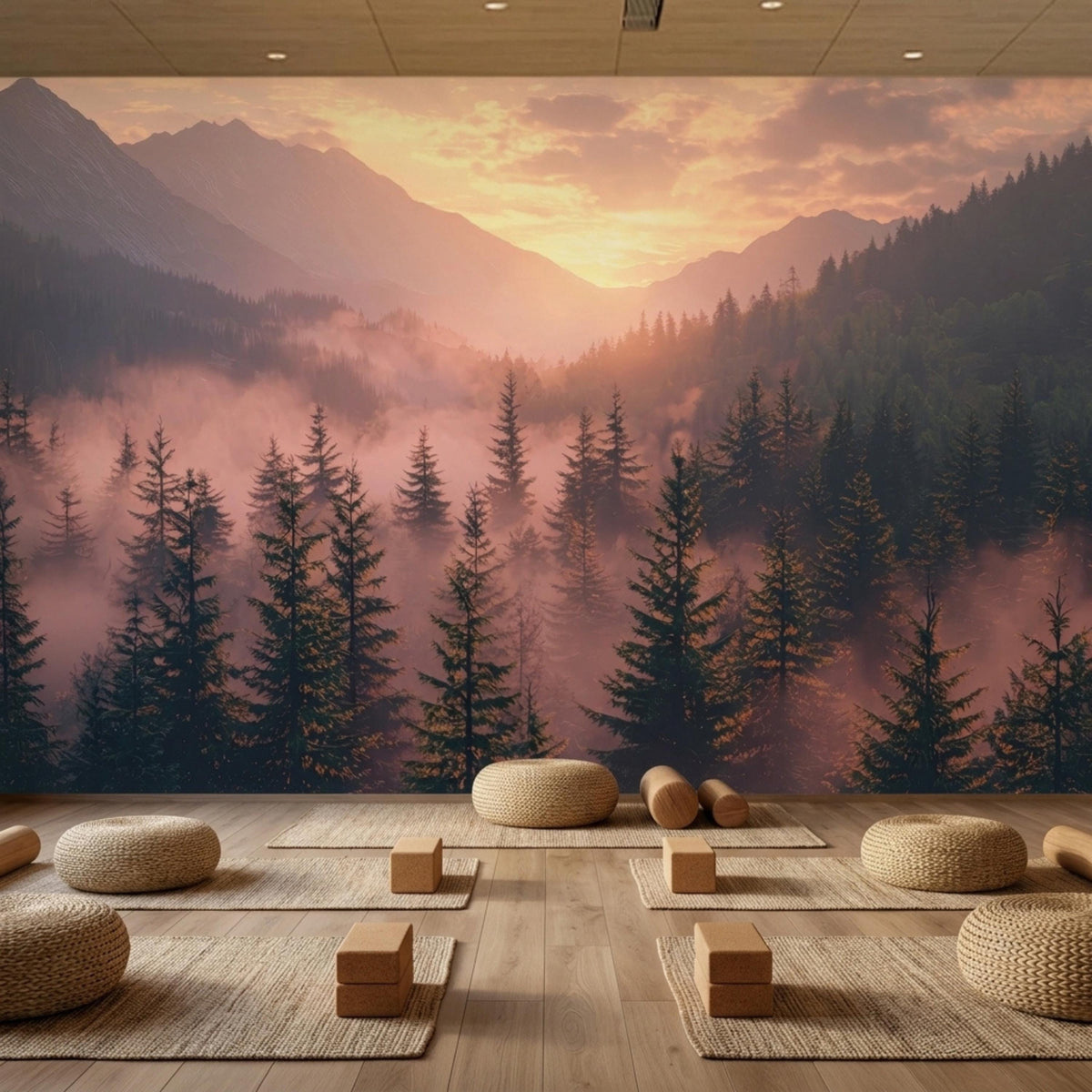 A yoga or meditation studio with mats and wooden blocks set on light flooring in front of a misty mountain and pine tree wall mural.