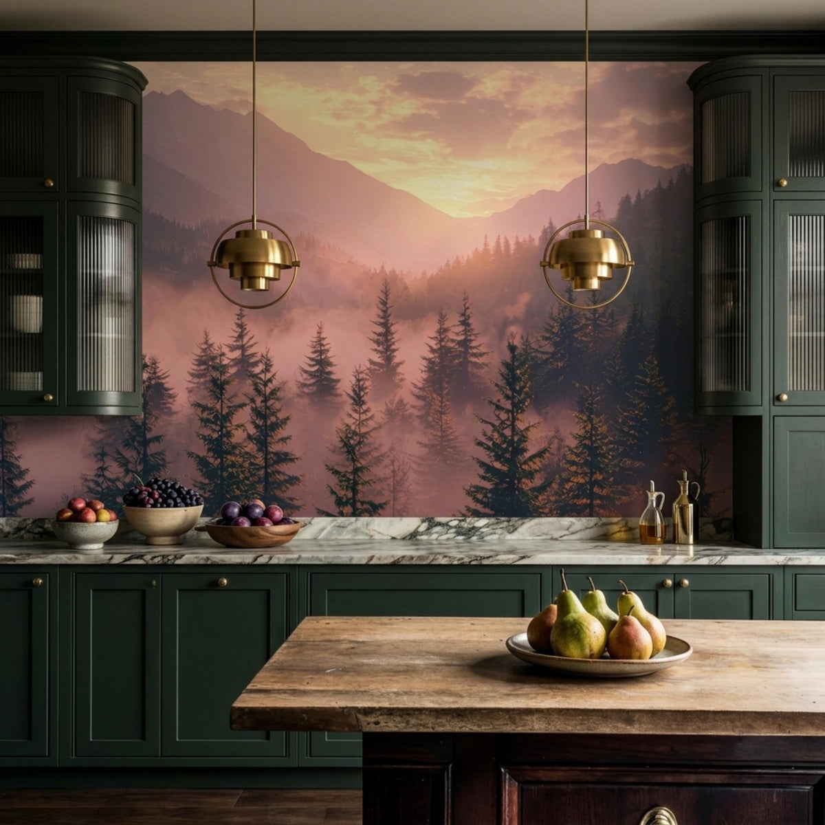 A kitchen with dark green cabinetry and a marble countertop backed by a wall mural of a foggy pine forest and sunset mountain view.