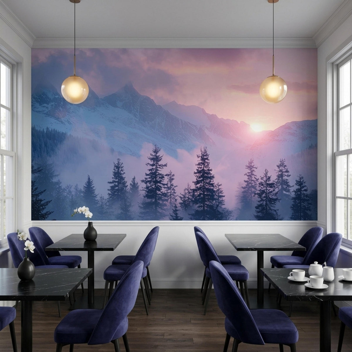 Restaurant interior with black tables, blue velvet chairs, and hanging pendant lights against a scenic mountain wallpaper mural.
