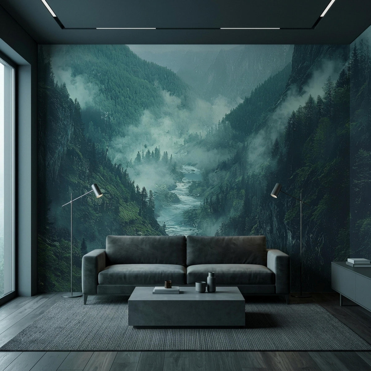 A grey sofa and coffee table sit on a grey rug in front of a misty mountain river valley accent wall.