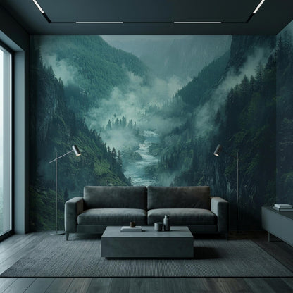 A grey sofa and coffee table sit on a grey rug in front of a misty mountain river valley accent wall.