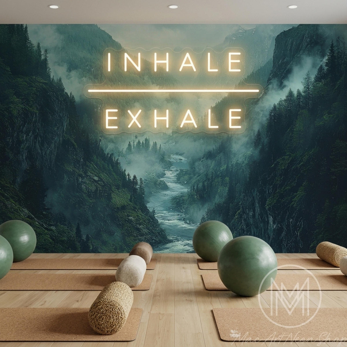 A yoga studio with mats, balance balls, and glowing neon text that reads inhale exhale against a misty mountain valley mural.
