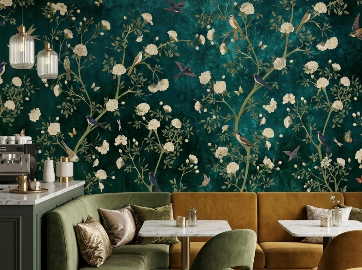 A restaurant dining area features mustard yellow booths and marble tables against a dark green botanical wallpaper backdrop.