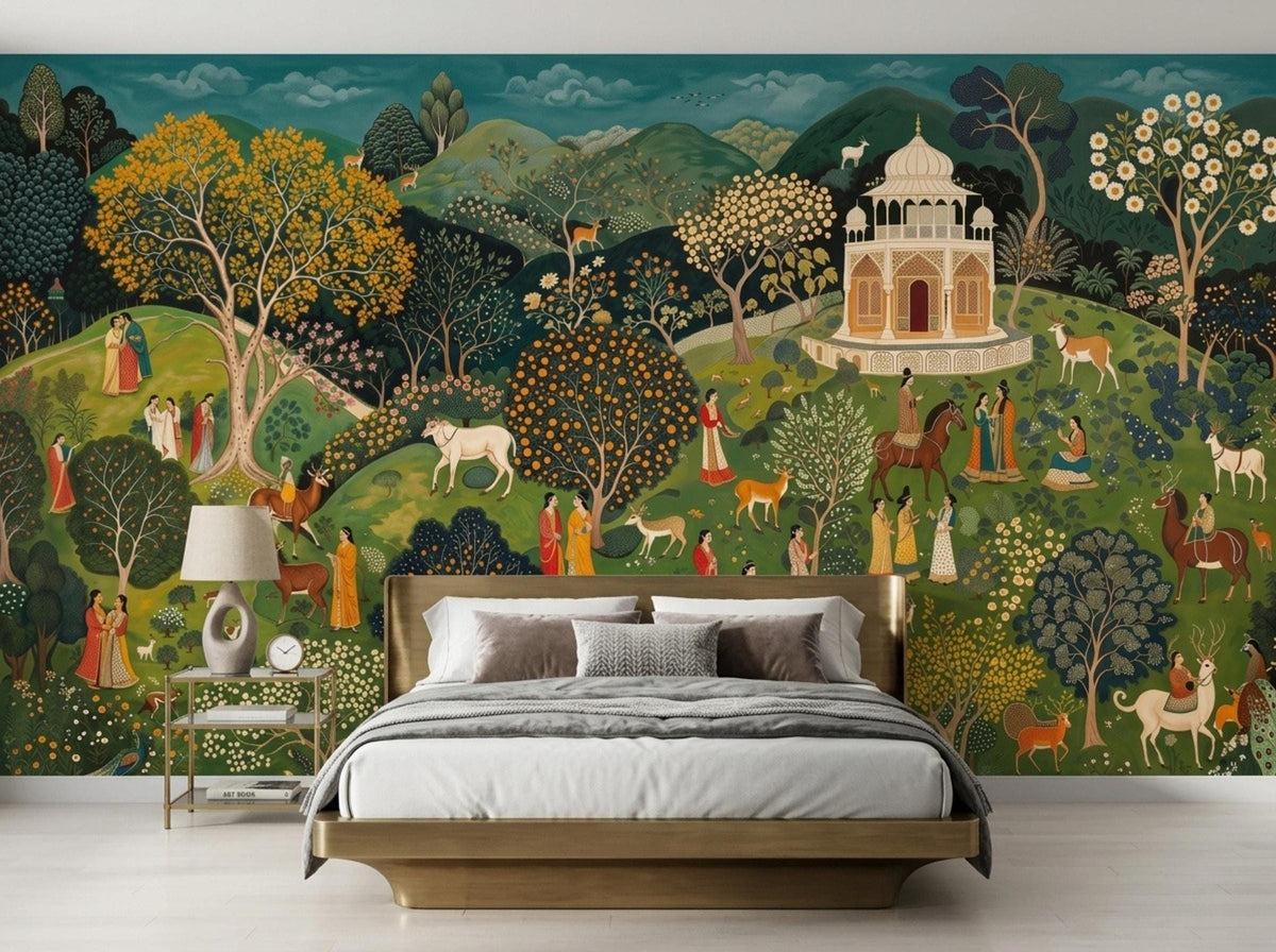 A teal Mughal art wall mural is featured behind a low wooden bed with white linens and a side table with a lamp.