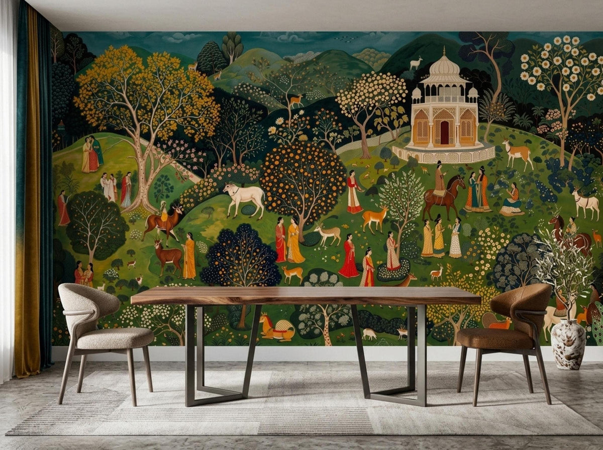 A large teal folk art wall mural depicting a palace garden scene sits behind a wooden dining table and chairs.