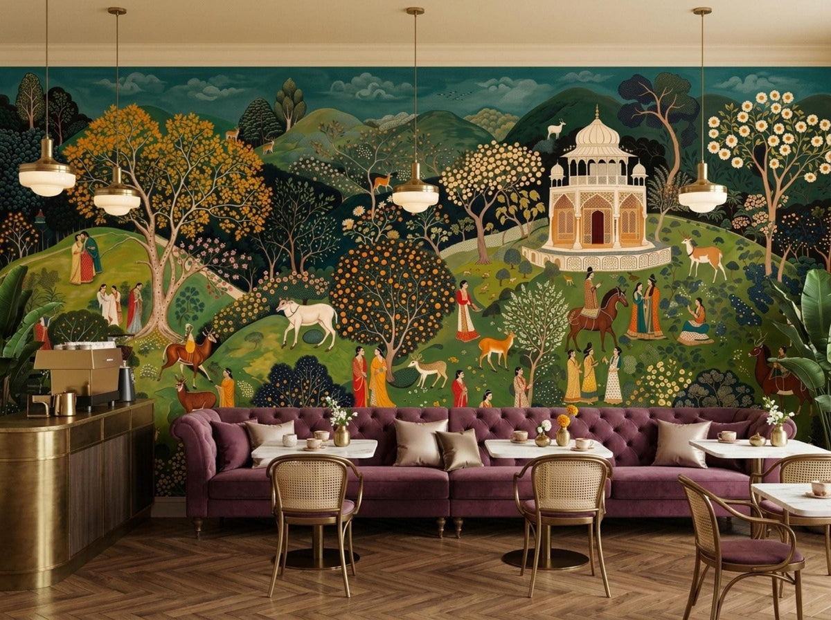 A teal Mughal landscape wallpaper features people, animals, and a white palace behind a long purple tufted sofa and small tables.