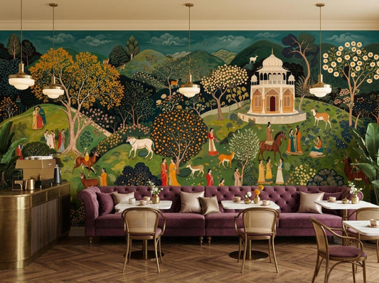 A teal Mughal landscape wallpaper features people, animals, and a white palace behind a long purple tufted sofa and small tables.