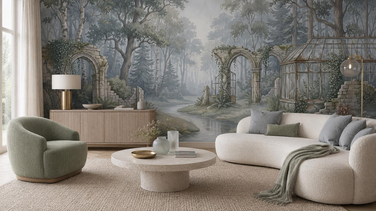 A living room features the enchanted forest wallpaper mural, a curved cream sofa, and a sage green armchair.