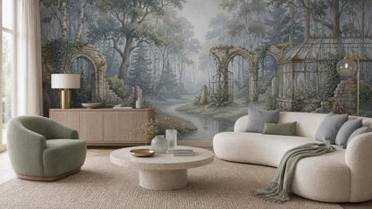 A living room features the enchanted forest wallpaper mural, a curved cream sofa, and a sage green armchair.