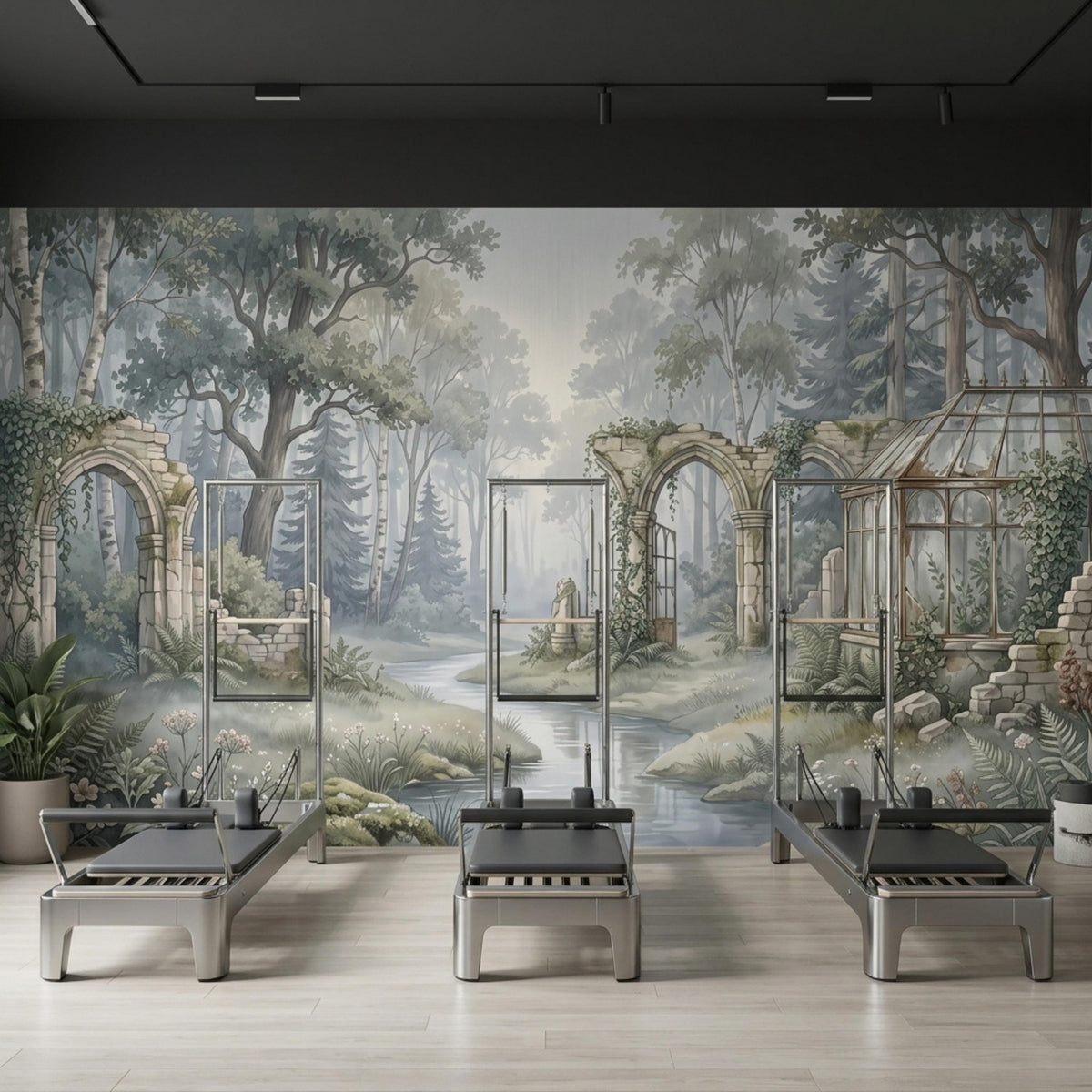 Three pilates reformer machines are lined up against a full-wall mural of a misty forest with stone arches.