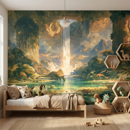 A child's bedroom features a large dinosaur and waterfall wall mural behind a wooden bed filled with plush dinosaur toys and surrounded by hexagon shelves.