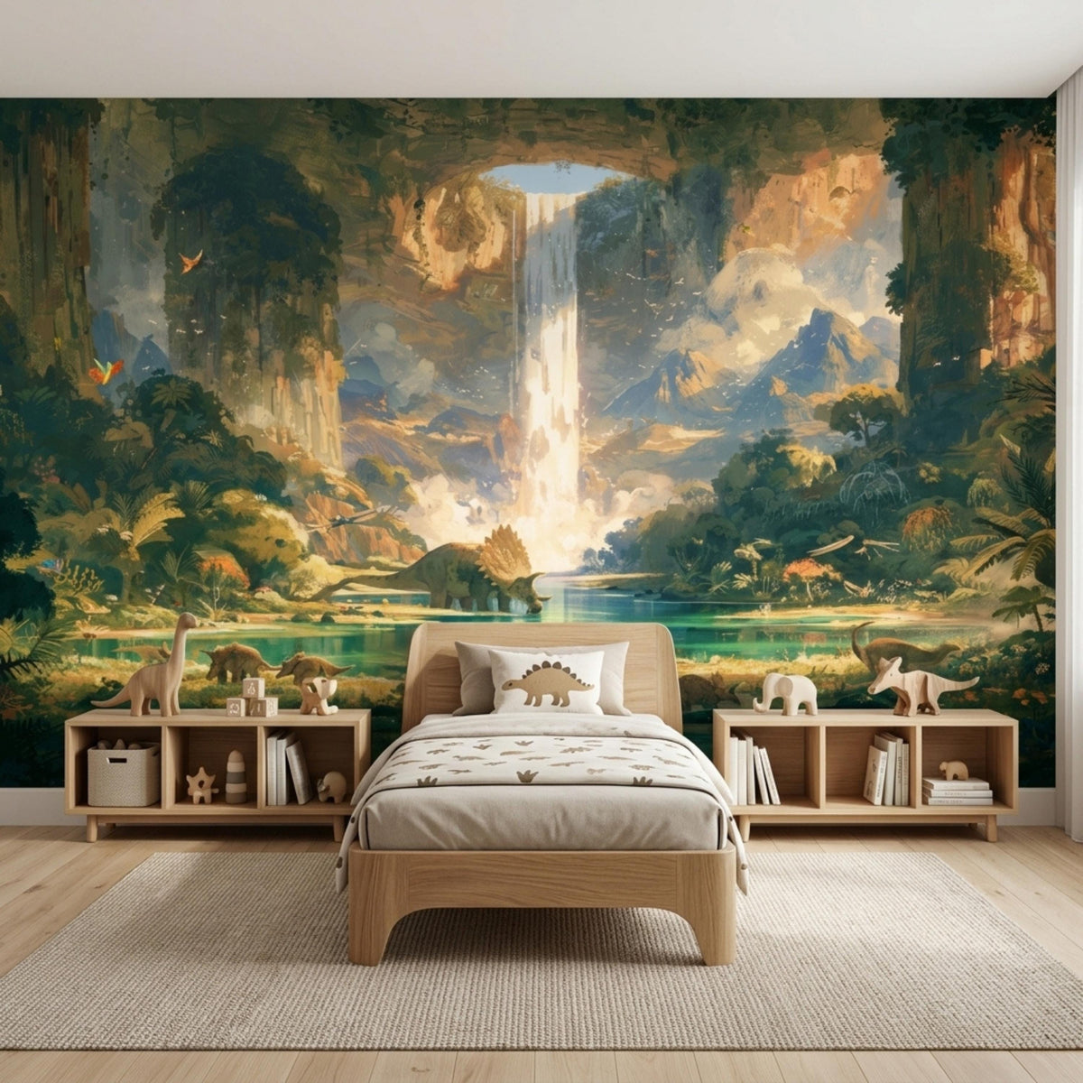 A child's room has a wooden bed and low storage shelves against a wall mural depicting a glowing jungle waterfall and dinosaurs.