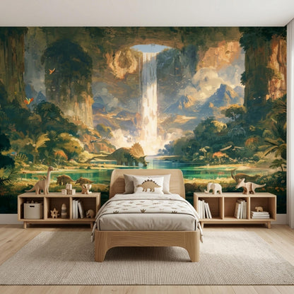 A child's room has a wooden bed and low storage shelves against a wall mural depicting a glowing jungle waterfall and dinosaurs.